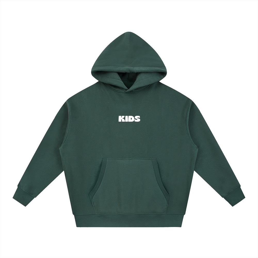 Dark green Kids Like Us hoodie, front